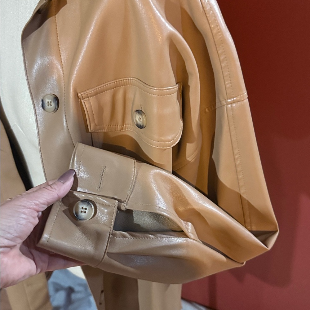 Tan Button-Up Shacket Jacket Pu/Poly Blend Leathe… - image 4